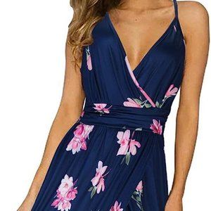 V-Neck Summer Causal Beach Dress Split Floral Maxi Dress - size L